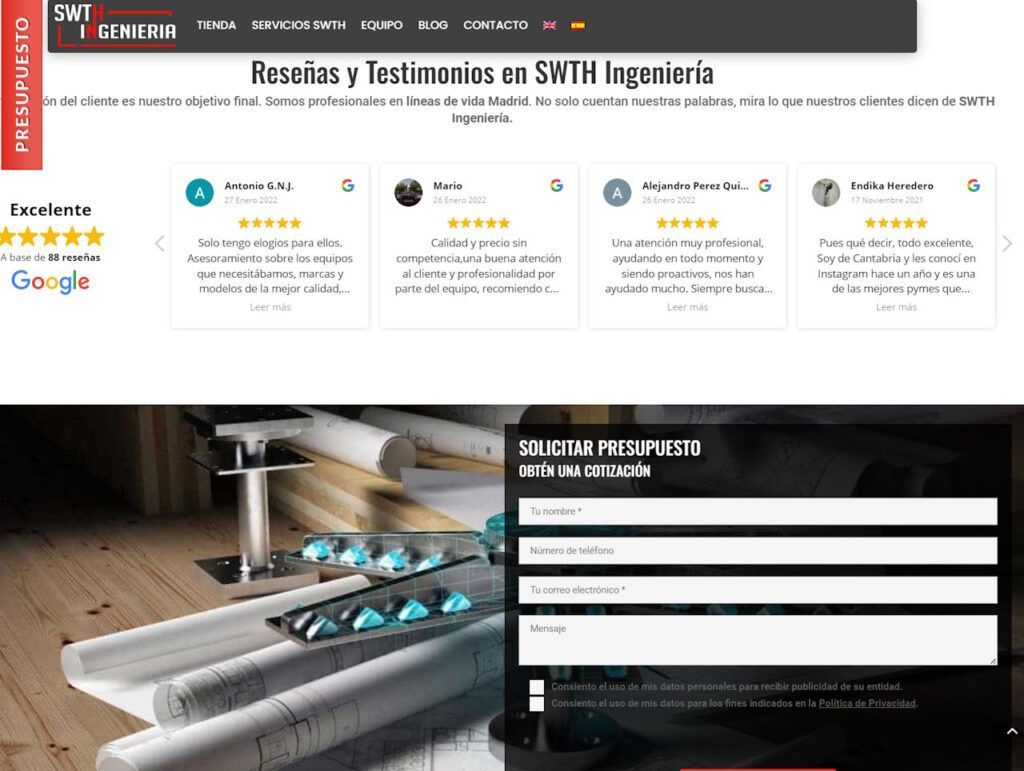 Web corporativa en WordPress para SWTH Ingeniería, especialistas en líneas de vida