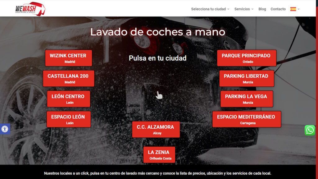 Web corporativa Grupo WeWash, en WordPress de centros de lavado toda España con SEO Local.