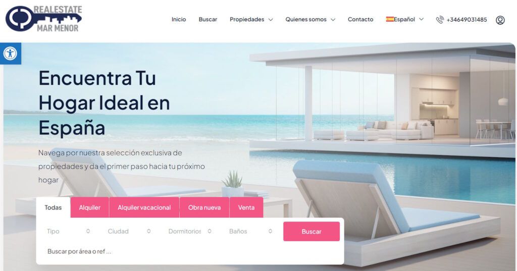 Web Inmobiliaria Real Estate Mar Menor, venta y alquiler casas en WordPress en 3 idiomas.