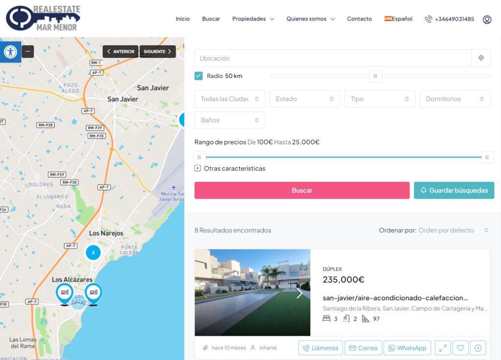 Web Inmobiliaria Real Estate Mar Menor, venta y alquiler casas en WordPress en 3 idiomas.