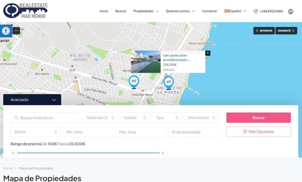 Web Inmobiliaria Real Estate Mar Menor, venta y alquiler casas en WordPress en 3 idiomas.