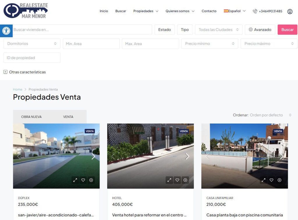 Web Inmobiliaria Real Estate Mar Menor, venta y alquiler casas en WordPress en 3 idiomas.