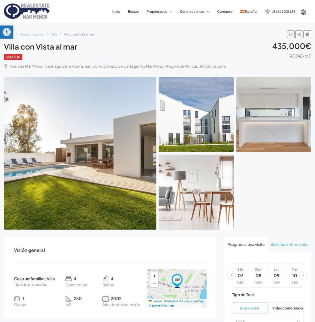 Web Inmobiliaria Real Estate Mar Menor, venta y alquiler casas en WordPress en 3 idiomas.
