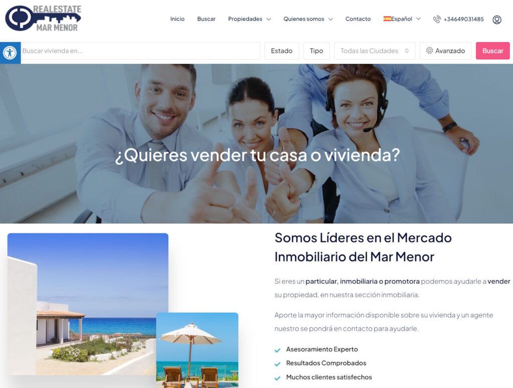 Web Inmobiliaria Real Estate Mar Menor, venta y alquiler casas en WordPress en 3 idiomas.