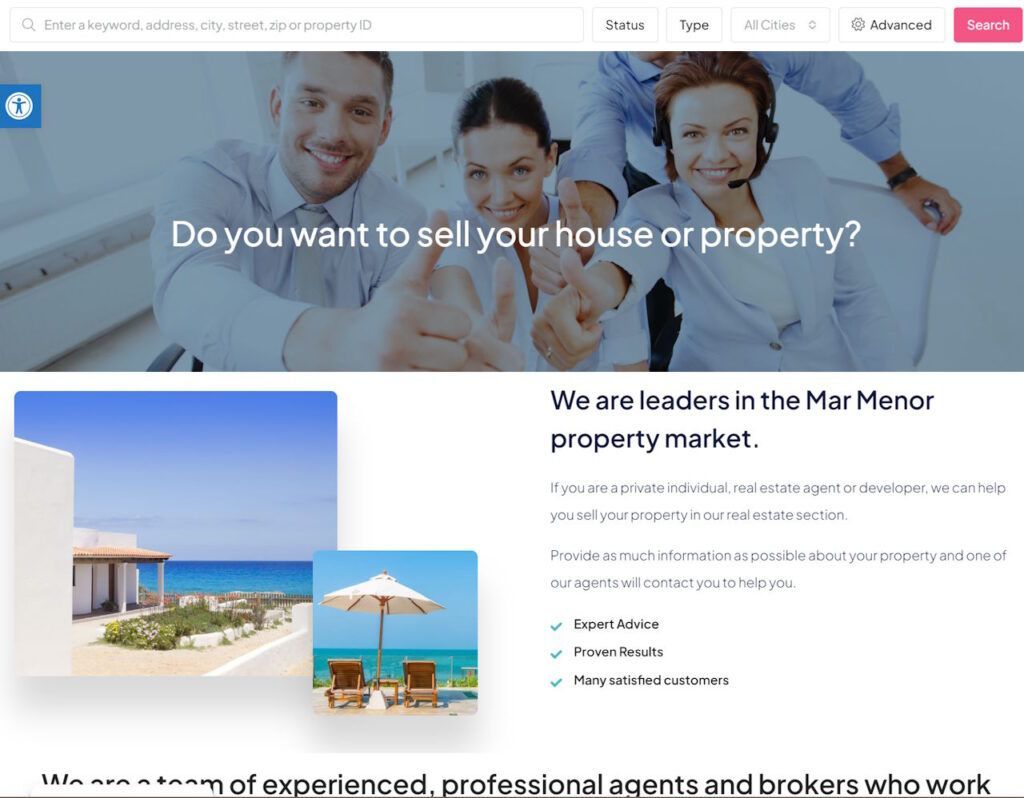Web Inmobiliaria Real Estate Mar Menor, venta y alquiler casas en WordPress en 3 idiomas.