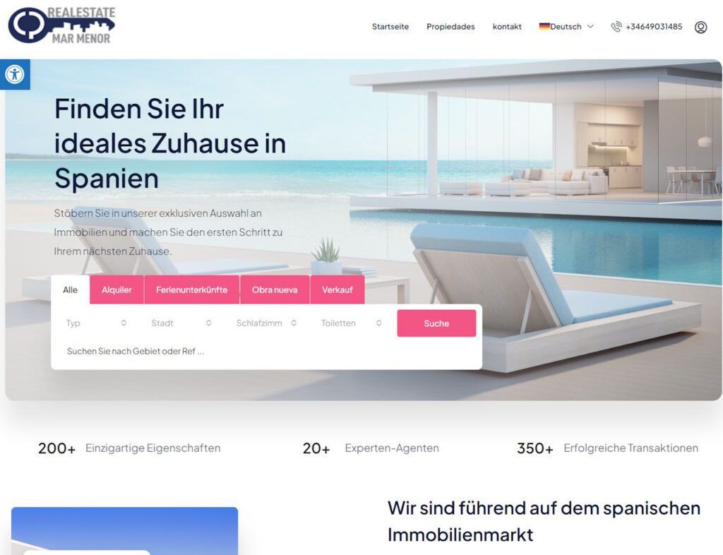 Web Inmobiliaria Real Estate Mar Menor, venta y alquiler casas en WordPress en 3 idiomas.